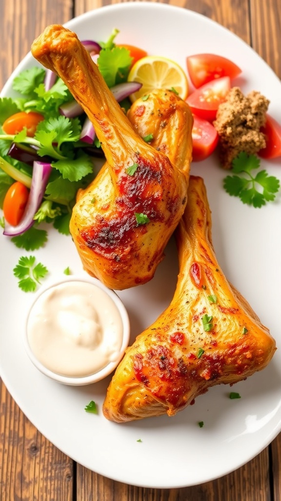 Spicy Herb Chicken Drumsticks Recipe Crispy baked chicken drumsticks seasoned with herbs, garnished with parsley, on a rustic table with salad.